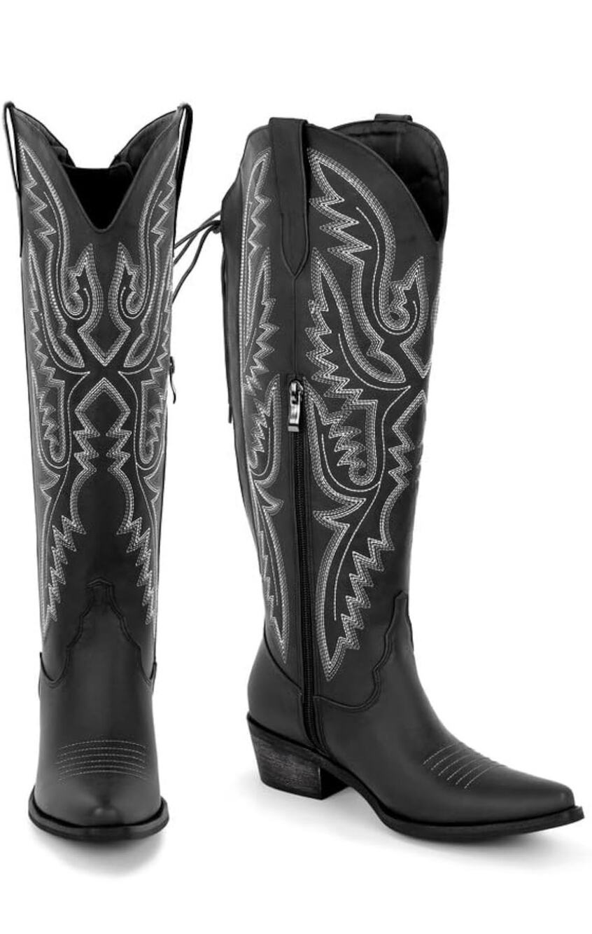Western Cowboy Cowgirl Boots Faux Leather Lace Up Side Zipper Embroidered Boots